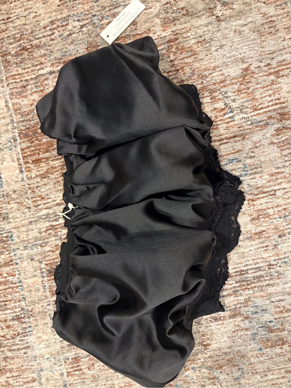 For Love & Lemons Black Satin Ruched Mini Skirt with Lace Trim